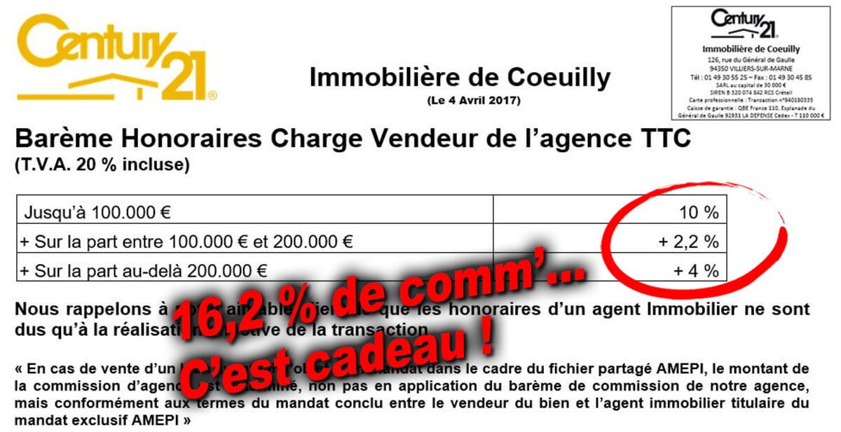 Century 21 Coeuilly - Barème honoraires 16,2 %